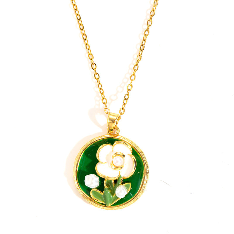 Wholesale rose oil painting high-grade necklace pearl color simple clavicle chain stainless steel plated 18k gold necklace for women
